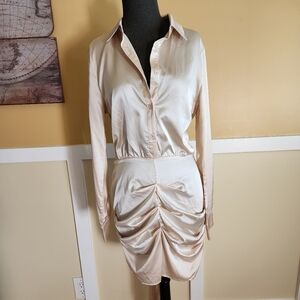 Pretty Little Thing Champagne Satin Ruched Shirt Dress